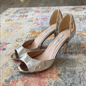 Jimmy Choo Logan Metallic Silver Peep-Toe Heels